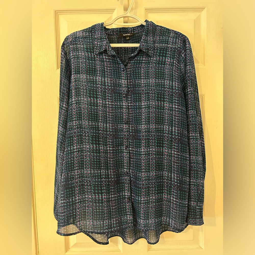 Green and Purple Houndstooth Plaid Button-Up Shirt